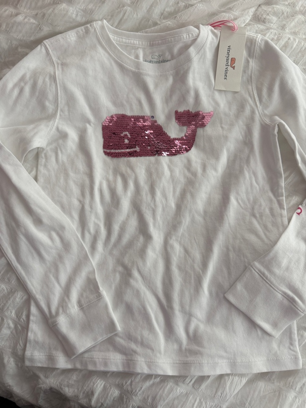 Vineyard Vines White Long-Sleeve Tee with Pink Sequin Whale